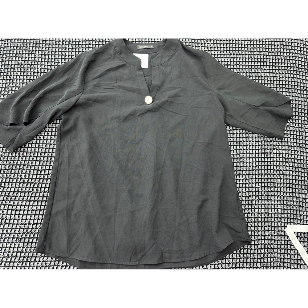 FUNLINGO Blouse Women Large Black Excellent Split Neck Short Tulip Sleeve Top‎